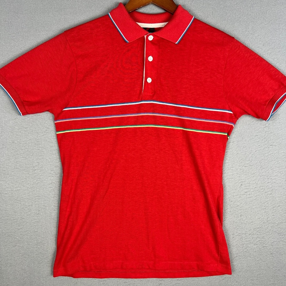 VTG 80s Sport Polo Shirt Fits Small Red Striped Tipped Collar Preppy Retro Thin